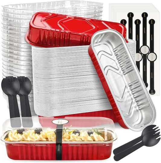NPLUX Mini Loaf Pans with Lids and Spoons Rectangular Aluminum Foil Baking Pans Mini Cheesecake Containers 6.8oz(60 Pack, Red)