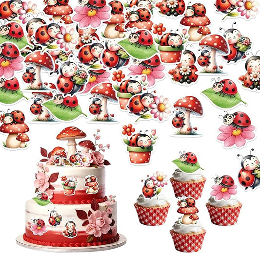 72PCS Edible Ladybug Cupcake Toppers Wafer Paper Flowers Insects Cake Decorations Picks for Baby Shower Kids Birthday Party Cake Decorations Supplies