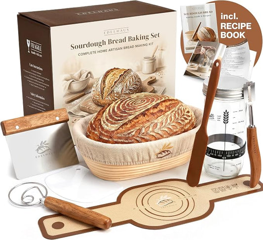 EDELHAUS Banneton Proofing Basket Complete Set Oval – Complete Sourdough Bread Baking Kit with Banneton Basket, Dough Tools, Sourdough Starter Jar, Bread Lame, Bench Scraper & Baking Mats