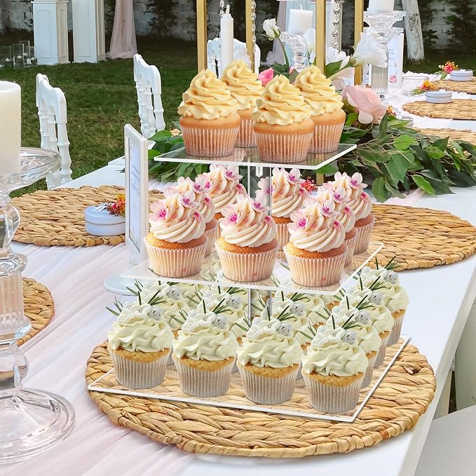 weddingwish 3 Tier Square Clear Acrylic Cupcake Stand, Clear Cupcake Display Stand Tower Tree, Tiered Cupcake Carrier Dessert Stands
