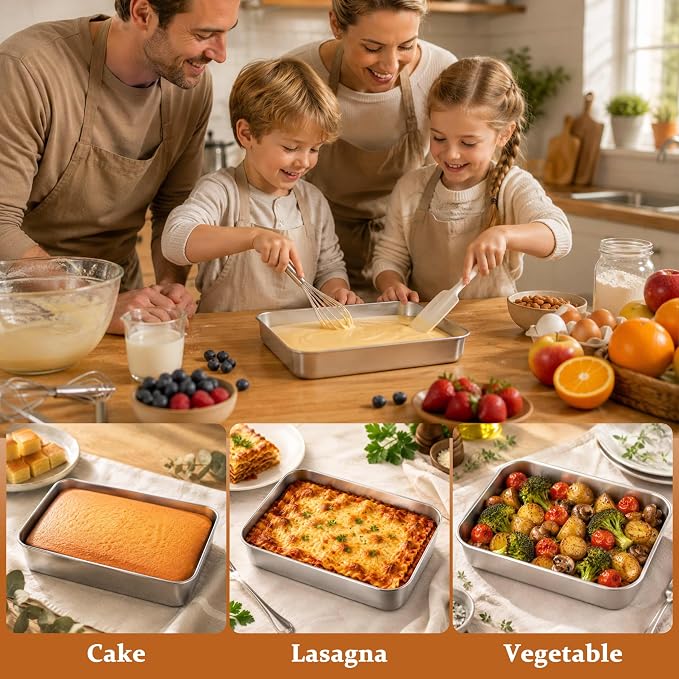 LIANYU Stainless Steel Lasagna Baking Pan with Lid, 9 x 7 x 2 Inch Rectangular Deep Cake Pan Set, Metal Bakeware for Bread Cookie, Oven & Dishwasher Safe (2 Pan +2 Lid)