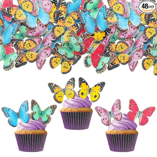 Gyufise 48Pcs Multicolor Butterfly Cake Decorations: Edible Wafer Paper Butterflies, Cupcake Toppers, Party Decorations, Birthday, Gender Reveal, Baby Shower, Wedding Anniversary, Kids Birthday