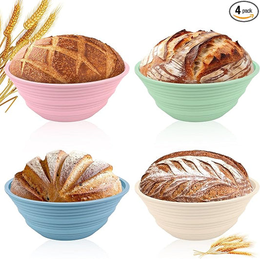 4Pcs Silicone Banneton Bread Proofing Baskets, 9" Round Foldable Non-Stick Dough Proofing Bowl Containers-BPA Free, Optimum Sourdough Bread Baking Supplies