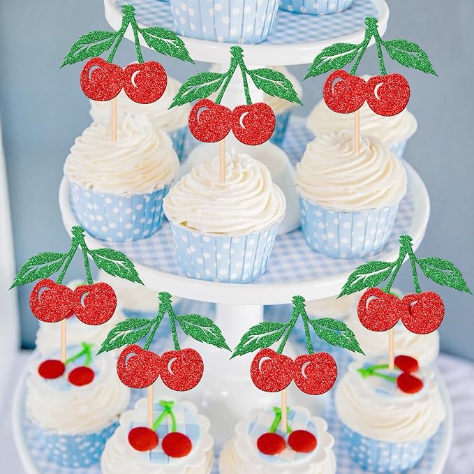 24 PCS Cherry Cupcake Toppers Red Glitter Fruit Theme Sweet Cherry Cupcake Picks for Cherry Theme Baby Shower Kids Birthday Party Cake Decorations Supplies
