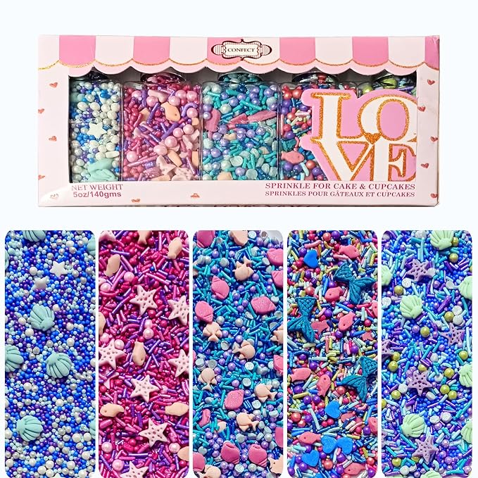 Confect Sprinkle Mix Set - Under the Sea - 5 Assorted Pastel Blends for Cake, Cupcake & Cookie Decorating – Ocean-Inspired Edible Decorations with Sea Shells, Starfish, Mermaids & Fish| Vegan, Gluten-Free, Nut-Free, Soy-Free, Dairy-Free, Palm Oil-Free-...