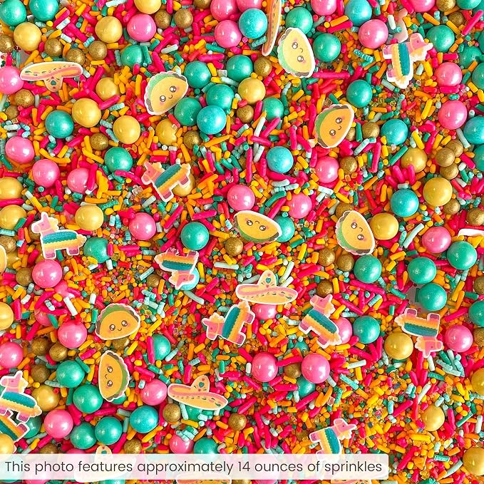 Cinco De Mayo Sprinkle Mix| Made In USA By Sprinkle Pop| Golden Yellow Pink Turquoise Sprinkles with Tacos Piñatas Wafer Paper| Decorating Sprinkles For Taco Tuesday Donuts Cupcakes Cakes Cookies, 4oz