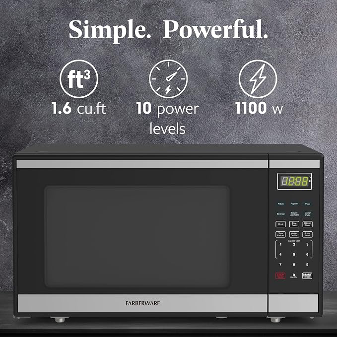 Farberware 1.6 Cu. Ft. Countertop Microwave Oven – 1100 Watts Power, Auto Cook Settings, Defrost, Easy Clean and Child Safety Lock - Stainless