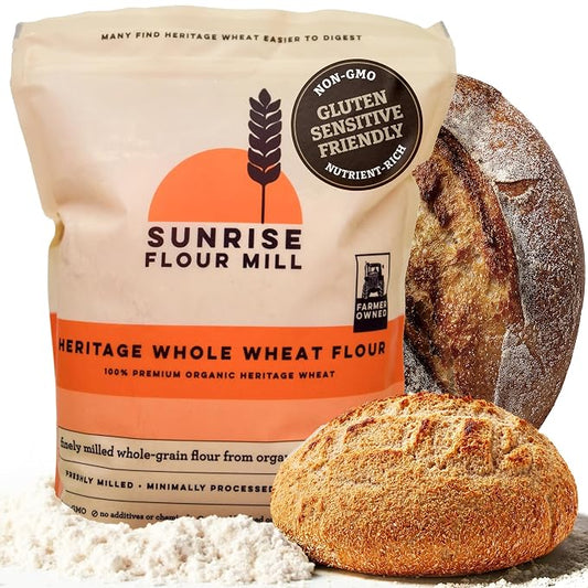 Sunrise Flour Mill Heritage Organic Whole Wheat Flour - 5 lbs | Milled from red hard wheat within 10 Days | Easier to Digest with Less Bloating | No Bleaching | Organic whole wheat bread flour