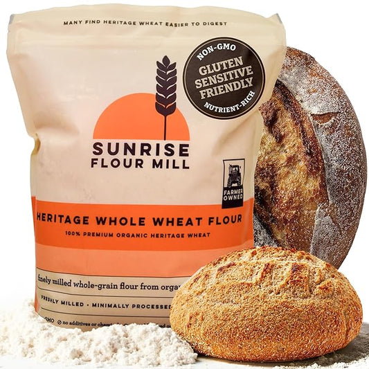 Sunrise Flour Mill Organic Heritage Whole Wheat Flour - 2 lbs | Easier to Digest with Less Bloating | No Bleaching or Bromating | Zero Additives