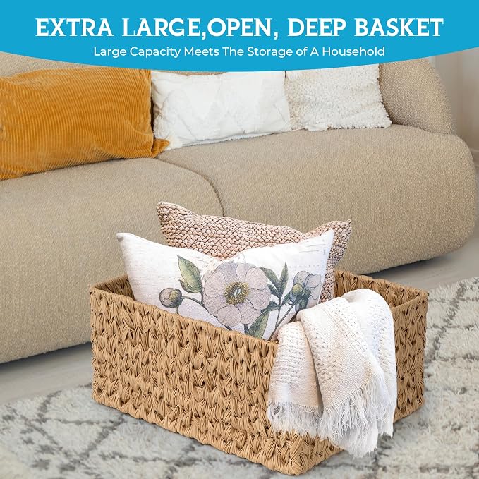 JS HANGER Large Woven Rattan Storage Basket with Handle for Organizing Waterproof Plastic Wicker Basket for Bathroom, Living Room 16.53’’ x 12.8’’ x 7.5’’ Natural