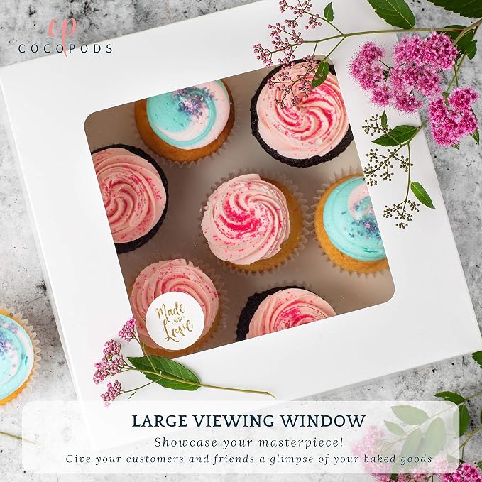 25 Pack Auto Pop-Up Cake Boxes with Viewing Window & 50 Stickers - This White 10x10x5 Bakery Boxes Container is Suitable For Cakes, Cupcakes, And Cookies - Dessert Boxes with Clear Display