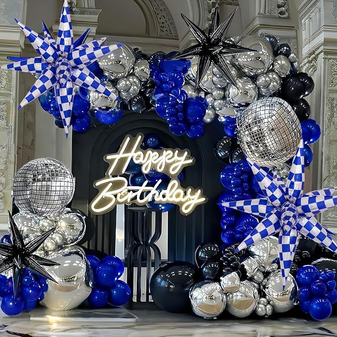 2 * 12 Pcs Blue Silver Iridescent Checkered Star Foil Balloons/Race Car Party/Talla*dega Nights 1st Birthday/Outer Space Galaxy Theme/Las Vegas Casino Bar Party/Father's Day(2Pcs Blue laser)