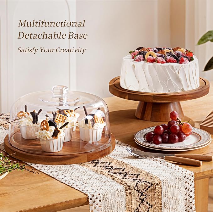 Farmyards Glass Dome Acacia Wood Cake Display Stand with Lid - 2-in-1 Footed Round Cake Holder, Cake Plate Display with Cover for Baking Gifts, Large Dessert Table Display Set & Charcuterie Board