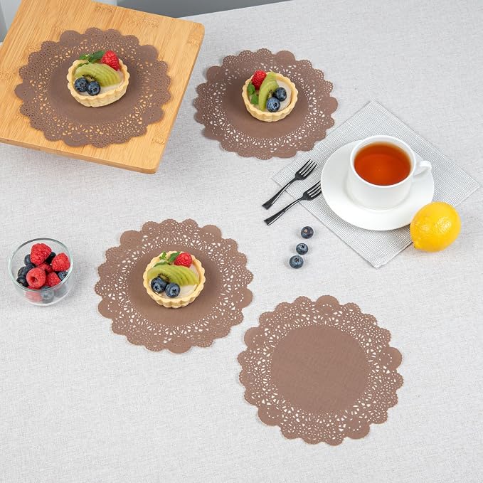 Restaurantware-Pastry Tek 8 x 8 Inch Paper Lace Doilies, 100 Round Disposable Table Doilies - Elegant Lace Finish, Long Lasting, Brown Paper Lace Doilies, for Pastries, Cupcakes, Desserts