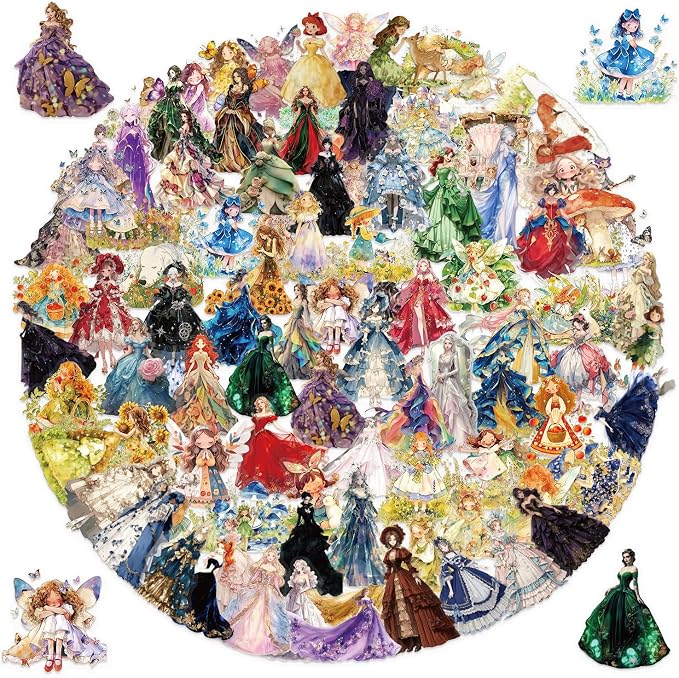 100Pcs Transparent PET Fairy Tale Princess Stickers Pack, Waterproof Vinyl Retro Watercolor Forest Fairy Decals for Skateboard Fridge Laptop Phone Luggage Princess Gown Stickers