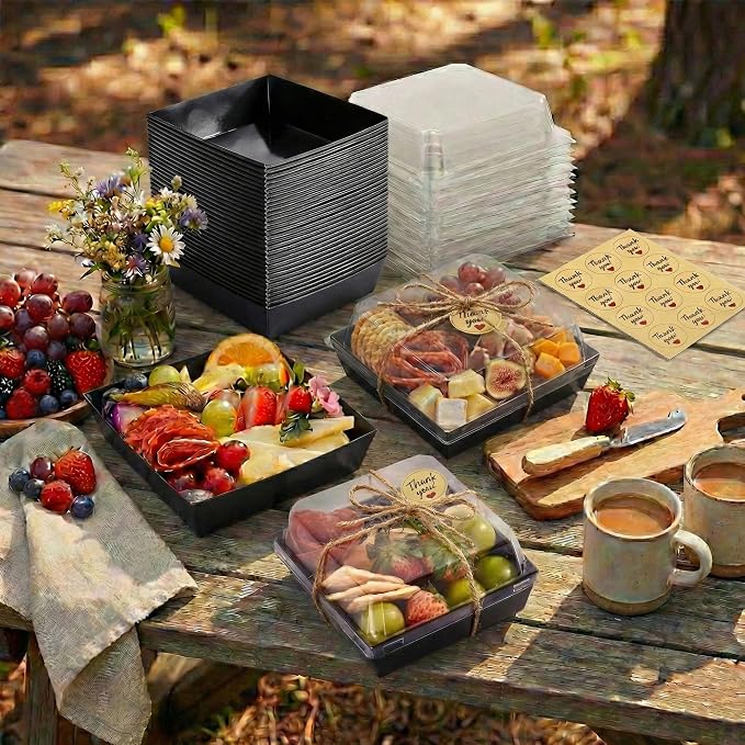 Leafiew 50 Pack Small Charcuterie Boxes with Clear Lids - To Go Paper Mini Charcuterie Box, Disposable Food Containers, 5Inch Dessert Boxes - Sandwich, Cookie, Sushi, Cake Slice, Strawberries (Black)