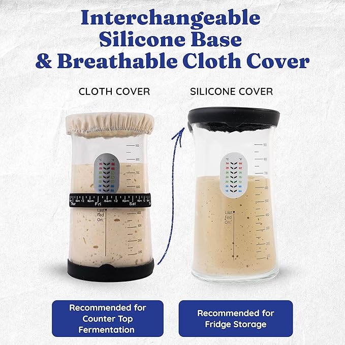 Pro Sourdough Starter Kit -37oz Wide Mouth Sourdough Starter Jar Kit for Bread - Large Glass Sourdough Jar, Feeding Band, Cloth Cover, Spatula & Thermometer–Best Sourdough Bread Kit for Beginners
