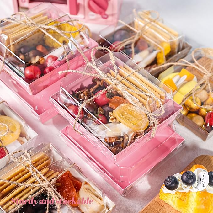 50 Pack Pink Treat Charcuterie Boxes 5.3x4.9x2.5in for Favor Tables | Good for strawberries, cookies, sweets or decorated treats that need a neat reveal.