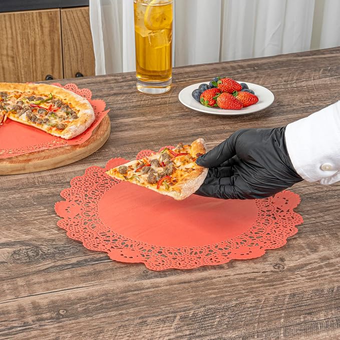 Restaurantware Pastry Tek 12 x 12 Inch Lace Doilies 100 Decorative Tableware Placemats - Disposable Round Red Paper Table Doilies For Birthdays Or Weddings Table Decor