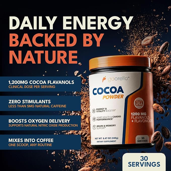 High Flavanol Cocoa Powder Supplement, Cocoa Flavanols & Flavonoids, 30 Servings to Support Heart Health, Blood Flow & Nitric Oxide, Dark Cocoa Flavor