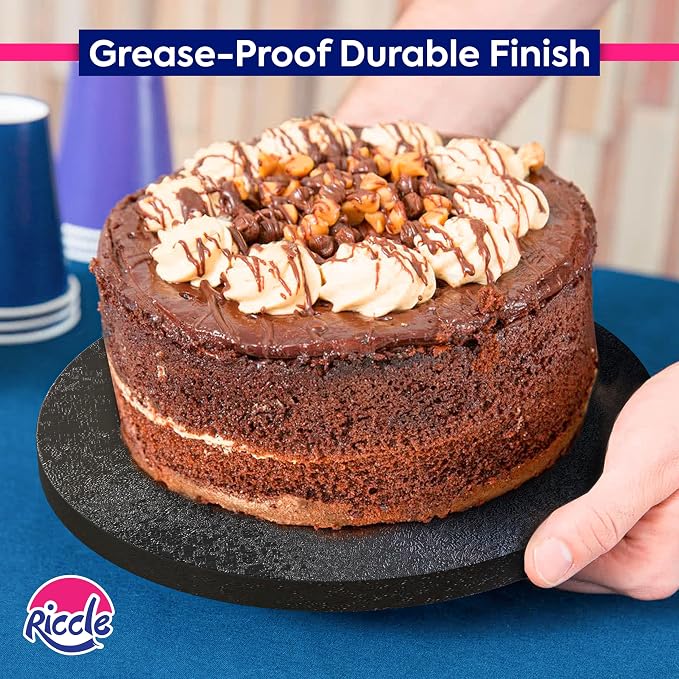 RICCLE Cake Boards - 12 Inch Cake Drum - Smooth-Edged Pack of 6 Cake Drums - Sturdy Cake Boards Round - Bend Resistant Multi-Layered Cake Base for Minimalist Displays (Black)