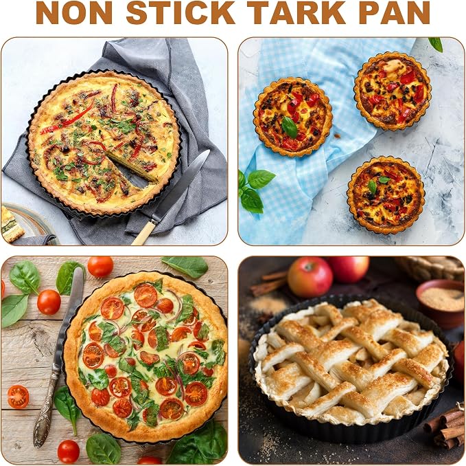 6 Pcs Tart Pan with Removable Bottom, Nonstick Pie Pan 11/9/4/3In, Fluted Quiche Pan Carbon Steel for Baking Pie Cheesecake Pizzas