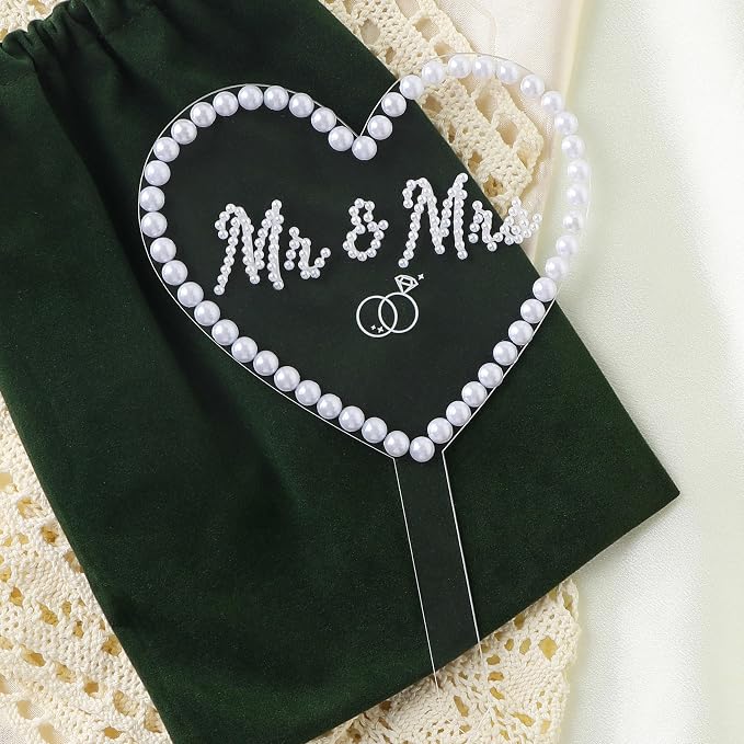 Coucoland Mr and Mrs Cake Topper - Heart Wedding Cake Decor with Elegant Mini Pearl Beads for Engagement Bridal Anniversary