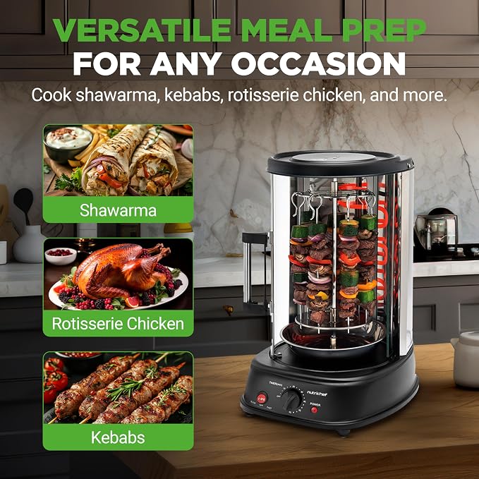 NutriChef Countertop Vertical Rotating Oven - Rotisserie Shawarma Machine, Kebob Machine, Stain & Heat Resistant Door & Energy Efficient, Includes Kebob Rack with 7 Skewers (PKRTVG34)