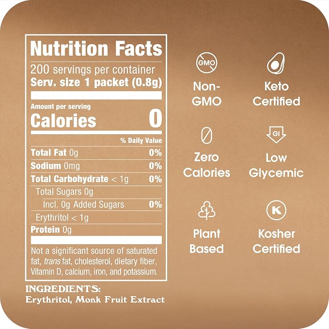 Monk Fruit In The Raw Sweetener Packets, 200 Ct, Keto Certified Monk Fruit Sweetener Packets, Zero Calories, Zero Net Carbs, Non-GMO Project Verified, Vega, Low Glycemic Index