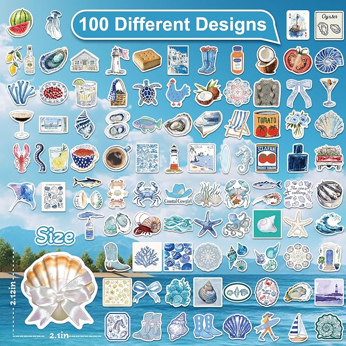 100 Pcs Coastal Blue Stickers for Scrapbooking, Waterproof Vinyl Nautical Ocean Stickers for Laptops Water Bottles Journals, Vintage Coastal Seaside Shell Decals for Adults Teens