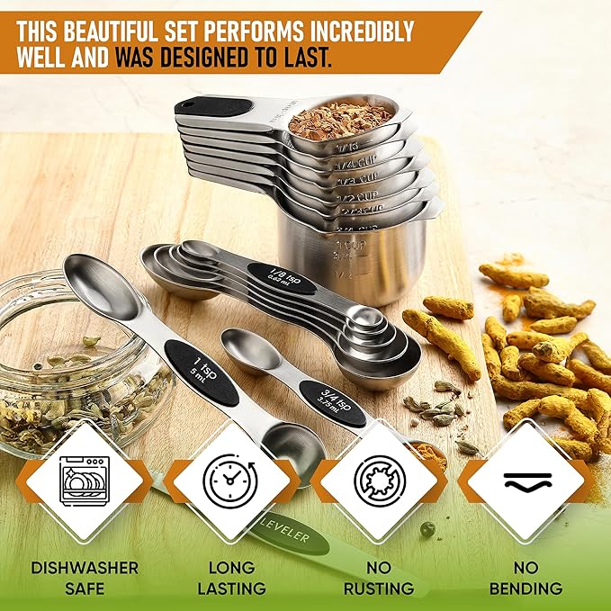 Spring Chef Stainless Steel Magnetic Measuring Cups & Spoons, Set of 15 with Leveler & Heavy Duty Can Opener with Magnetic Lid Remover - 2 Product Bundle - Black