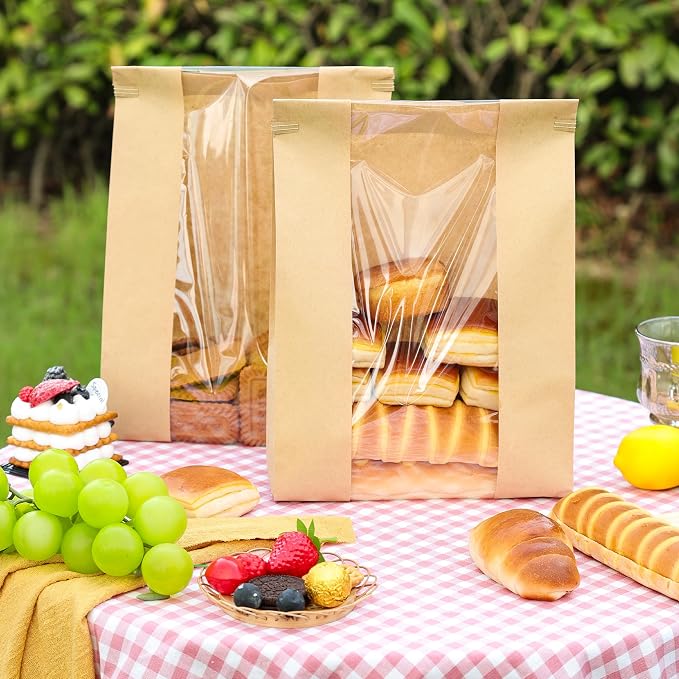 NPLUX 25 Pack Sourdough Bread Bags for Homemade Bread with Tin Tie Tab Lock Bakery Bags with Window kraft Bag for Toast Sandwich Cookie Snacks, Graduation Gift Bags(8.27x13.6x3.54In)