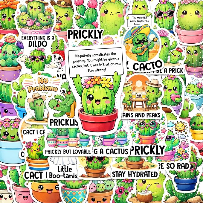 Cactus Stickers 50PCS – Waterproof Vinyl Green Plant Decals for Water Bottles, Laptops, Journaling – Non-Repeating Decals, High-Definition Print Gift for Womens