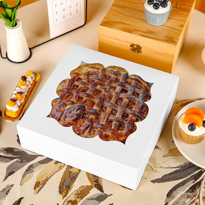 NPLUX 30 Pack Pie Boxes with Window 10x10x3 in Bakery Boxes Perfect for Pies, Cheesecake, Cookies, Muffins and Chocolate Covered Strawberries, Graduation Gifts Party Favors(White)