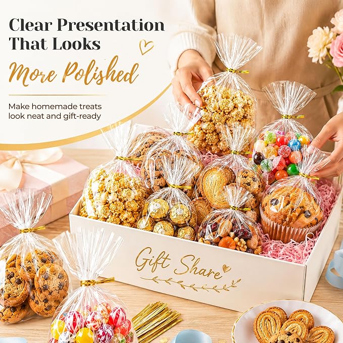 LOKQING Clear Cellophane Treat Bags 6 x 10 in, 100 Pack Gift Bag with Twist Ties, Bags for Cookies, Candy, Party Favors, Bakery Packaging and Graduation Gift Bags
