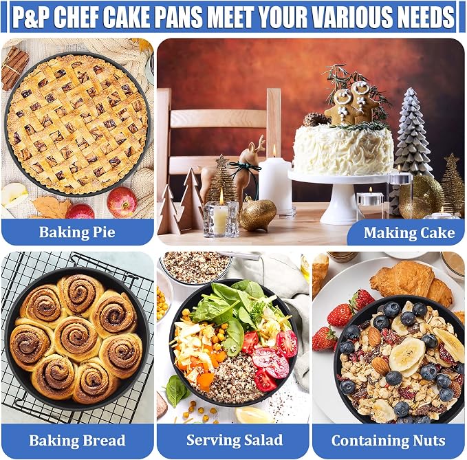 P&P CHEF 9.5 Inch Cake Pan, Nonstick Round Baking Layer Cake Pans Tins Set for Birthday Wedding, 2.94-Inch Deep Side & One-piece Design, Stainless Steel Core & Easy Clean, Black 2Pcs