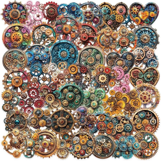 Steampunk Gear Stickers – Vintage Mechanical Clockwork Transparent 50PCS Scrapbooking Stickers for Journaling,Resin Crafts, Laptop, Gift Decoration, Retro Industrial Punk Aesthetic (Colourful-B7)