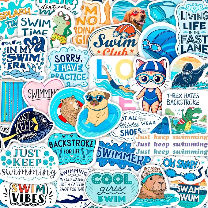 100Pcs Swim Stickers, Swimming Stickers for Water Bottles - Funny Swimmer Gifts for Swimmers - Swim Party Supplies, Decorations - Gift for Women & Men