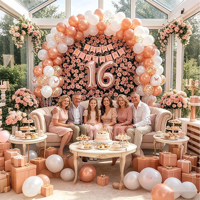 16th Birthday Decorations For Girls- Rose Gold Pearl White Balloons, 32 Inch Rose Gold "16" Balloon, 3D Butterflies Stickers, Happy Birthday Banner For Girl Sweet Sixteen Party Decorations