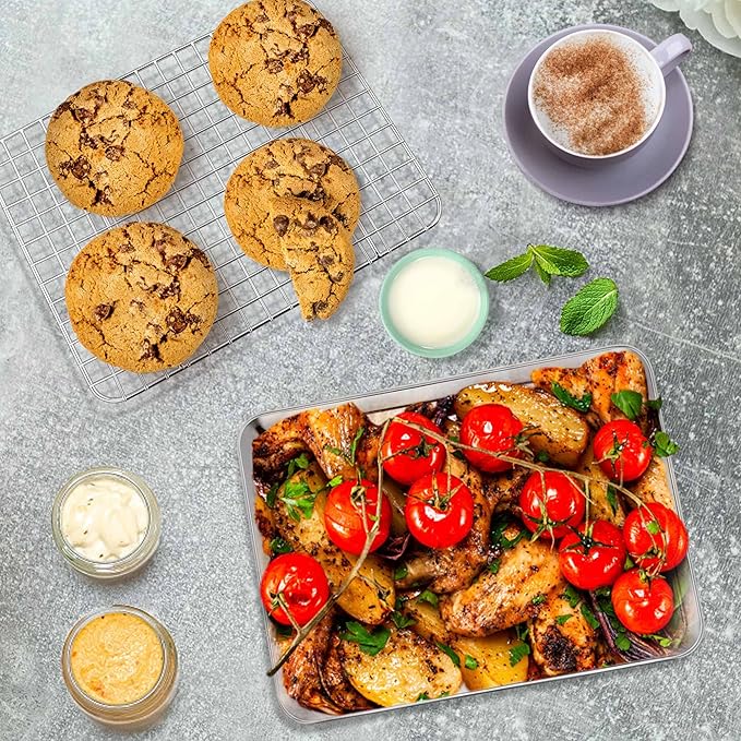 P&P CHEF 9 Inch Toaster Oven Pan with Rack Set, Stainless Steel Baking Pan Tray and Grid Cooling Rack for Cooking/Roasting, Dishwasher Safe & Easy to Clean, Non-toxic & Sturdy, (4Pcs)