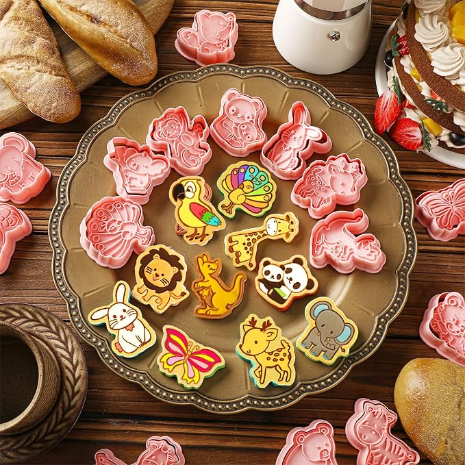 Roshtia 24 Pcs Animal Cookie Cutters with Plunger Stamps Set Plastic 3D Animals Lion Cookie Cutters Stamps for Kids Baking Supplies