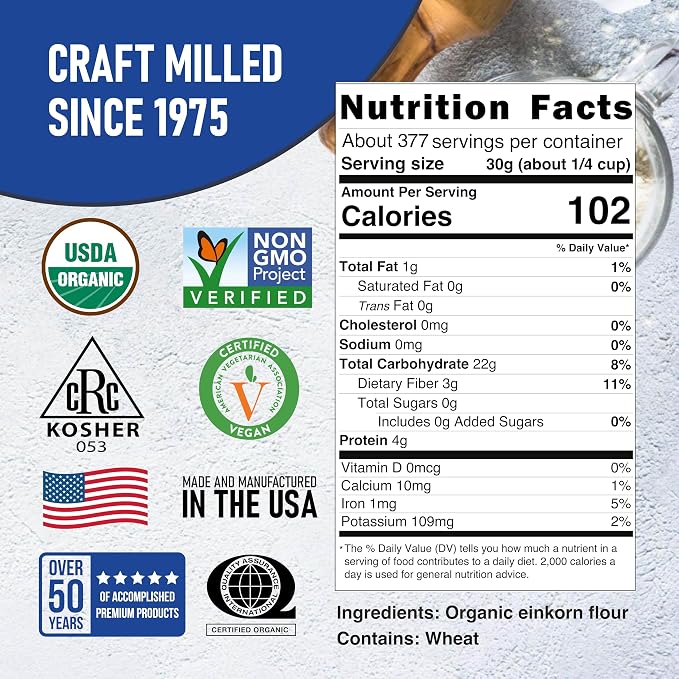 Great River Organic Milling Organic Einkorn Flour | Ancient Whole Wheat Flour | Non-GMO, Kosher, High-Protein | Nutrient-Rich, Healthier All-Purpose Flour Alternative for Baking | 25 Lb (Pack of 1)