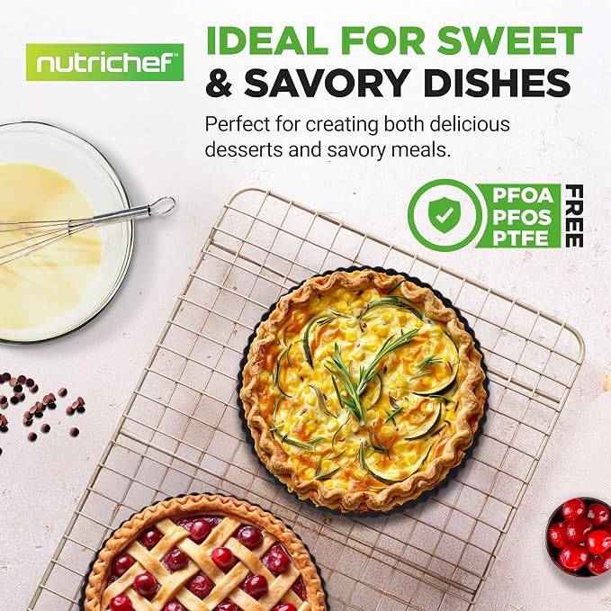 NutriChef 2 Round Tart Pans | 9 Inch Carbon Steel Cheesecake Baking Trays with Removable Base | Nonstick & Even Heat Distribution | Includes 100 Parchment Papers | Height of 1 Inch | Black