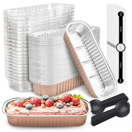 NPLUX 50 PACK Mini Cake Pans with Lids and Spoons, Rectangular Aluminum Foil Bread Pan, Mini Loaf Pans and Food Containers with Lids for Graduation Gifts Party Favors(Champagne, 6.8oz)