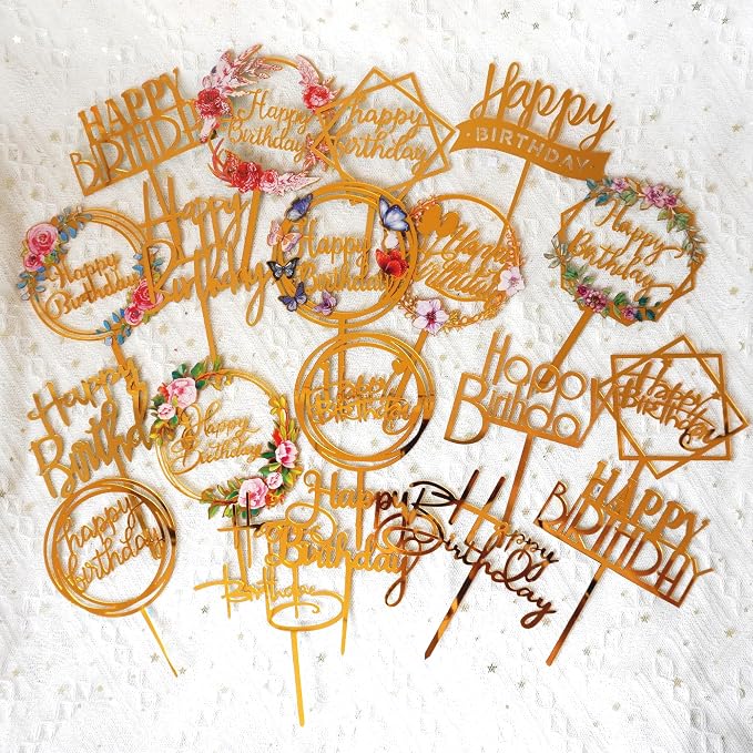 32 PCS Gold Happy Birthday Cake Toppers Flower Acrylic Birthday Cake Topper Cake Pick Decorations (Gold)