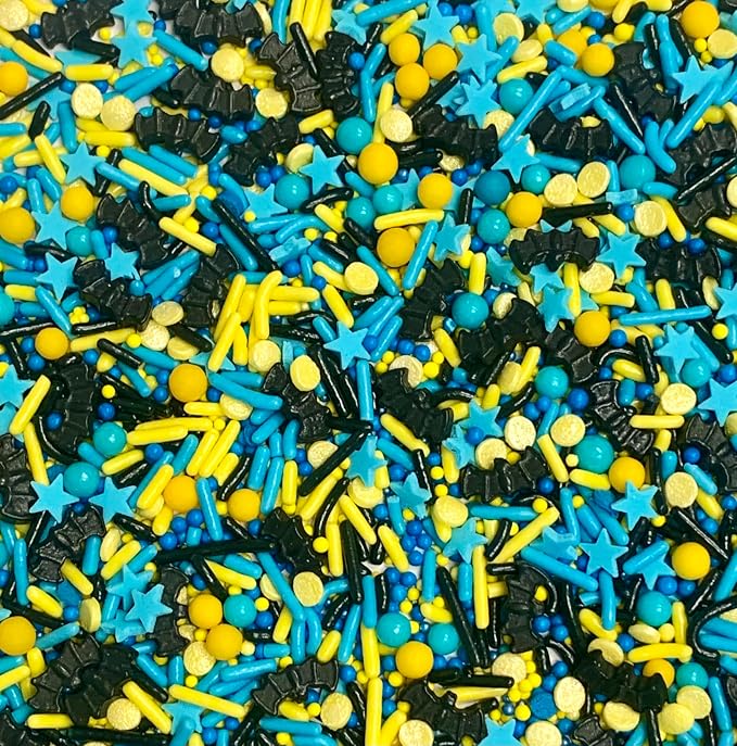 COOL MOM SPRINKLES Blue And Yellow Sprinkles (4 oz.) – Bat Hero Birthday Sprinkles for Decorating Cakes, Cupcakes, Cookies & Desserts – Mixed in the USA/Gluten-Free