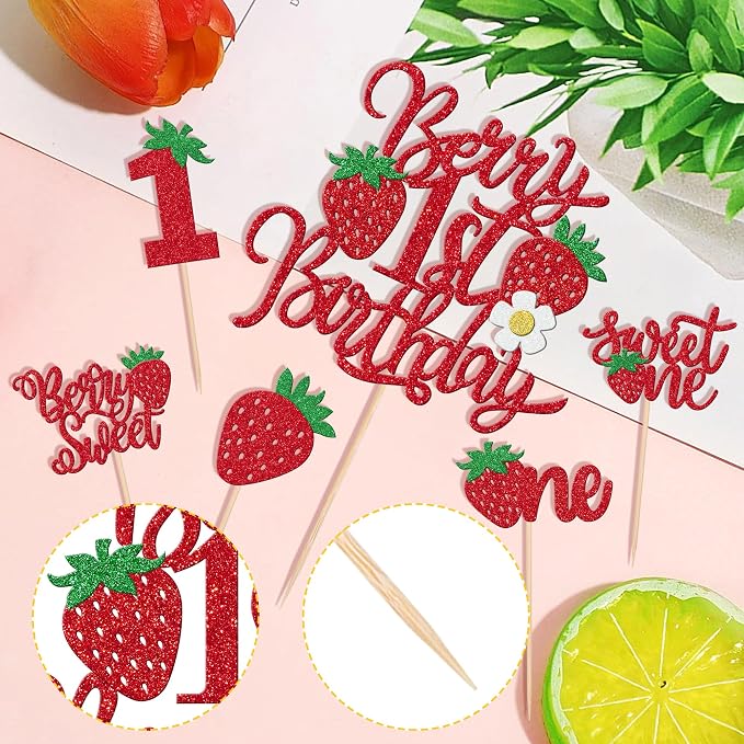 31 PCS Sweet One Strawberry Cupcake Toppers Red Berry 1st Birthday Cake Topper Strawberry First Birthday Cupcake Picks for Strawberry Theme Baby Shower 1st Birthday Party Decorations Supplies