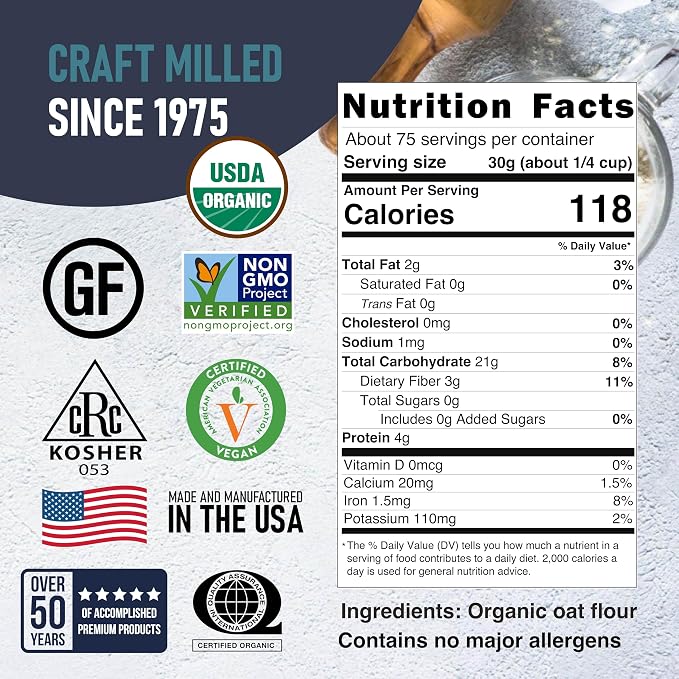 Great River Milling Organic Oat Flour | Gluten Free Whole Grain Flour | Non-GMO, Kosher, Vegan Certified | Naturally Sweet Flavor for Pancakes, Muffins, Cookies & Baking Blends | 5 Lb