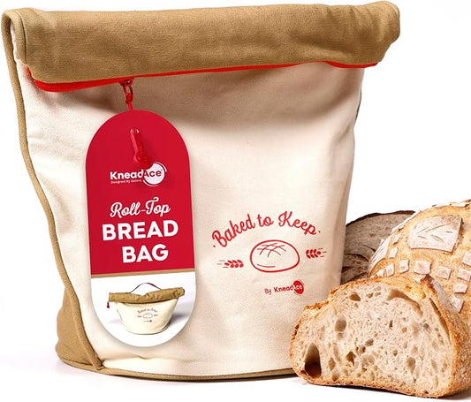KNEADACE Reusable Bread Bags for Homemade Bread -Stylish Sourdough Bread Storage with Roll-Top Design, 100% Cotton & Food-Safe Lining, Freezer & Refrigerator Friendly, Gift for Bakers (Beige/Cream)