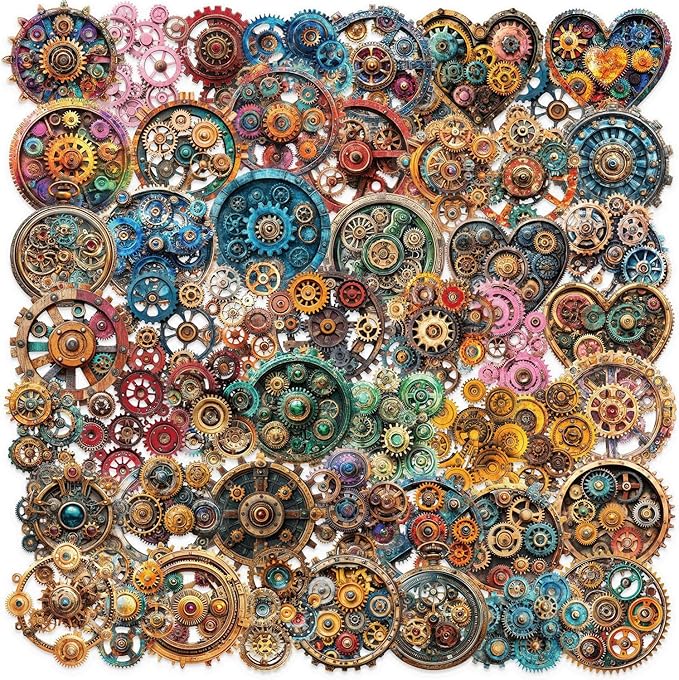50 Pcs Vintage Mechanical Gears PET Aesthetic Stickers | Scrapbooking, Vintage Gear Wheel, Colorful, Clear, Journaling Craft Art Decals